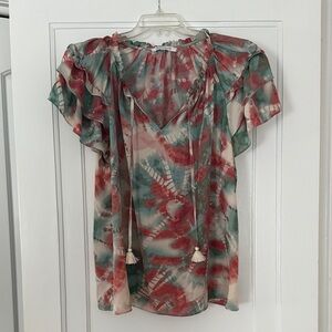 Rose + Olive Tie Dye Flutter Sleeve Blouse 1X | Boho Tassel Tie Plus Size Top